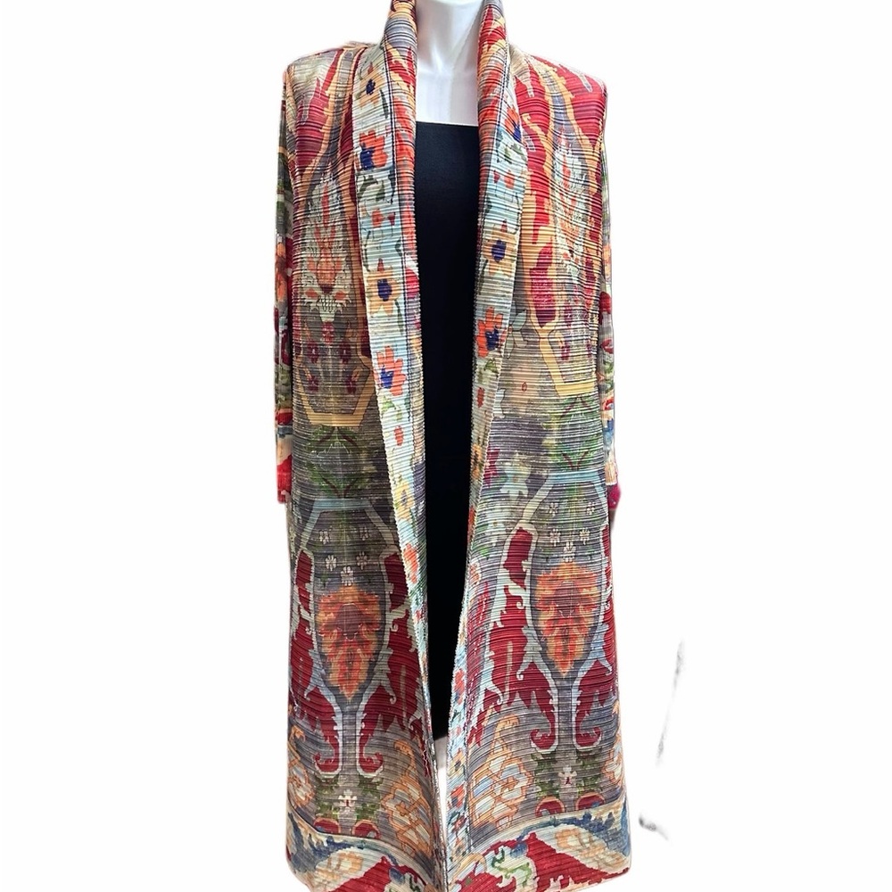 Colorful Pleated Open Abaya Long Cardigan with Belt